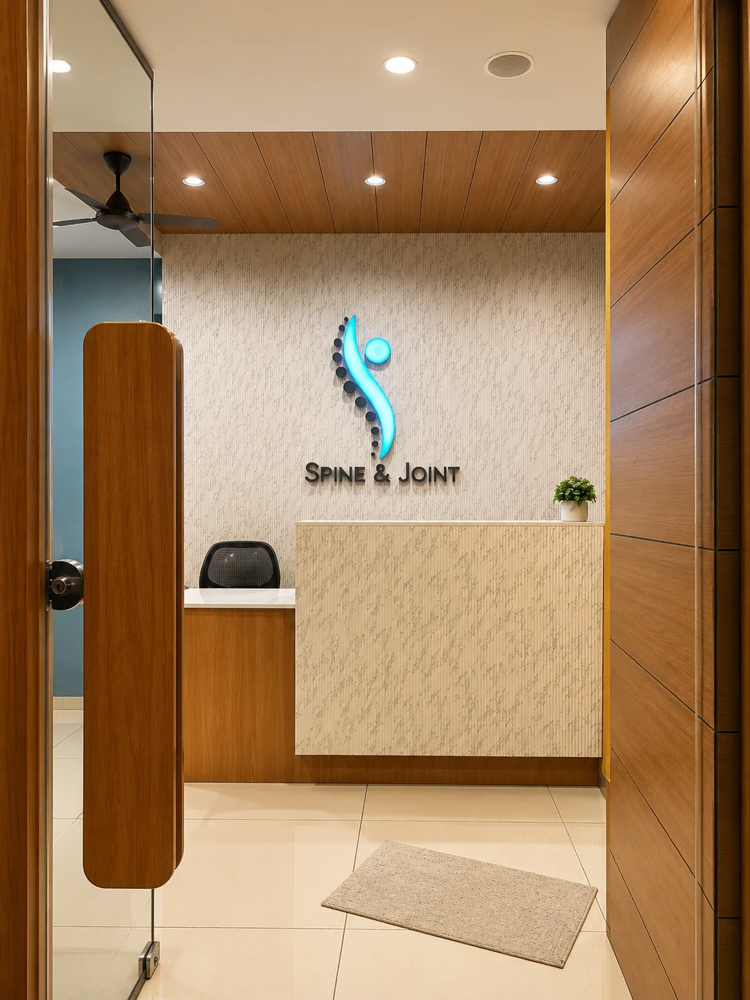 Sai Om reception entrance with illuminated spine and joint mark