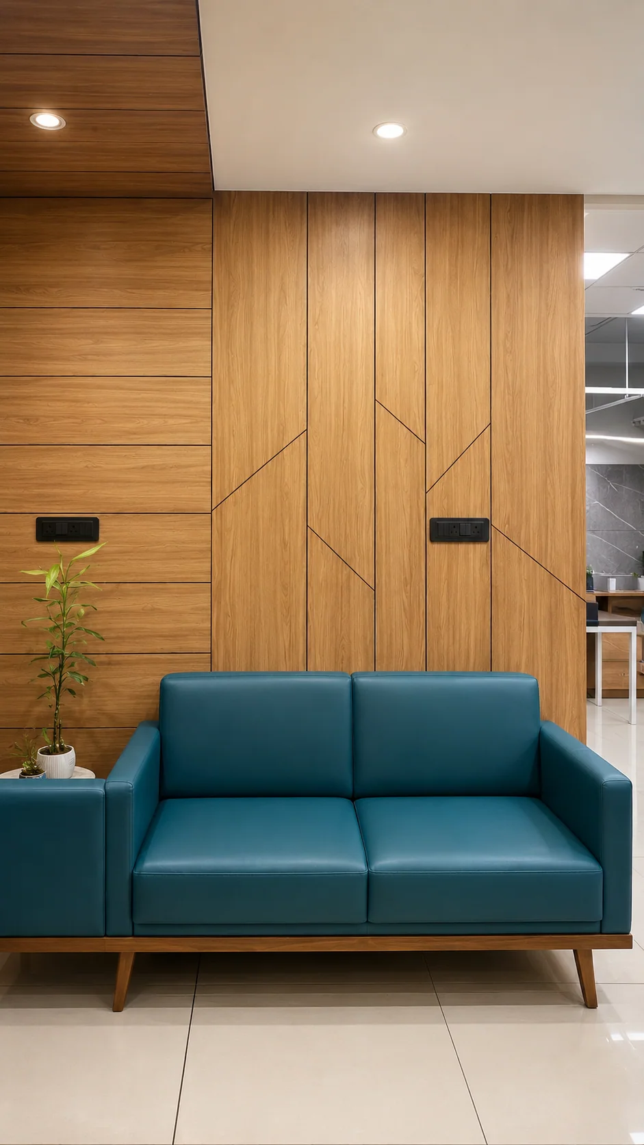 Calm blue seating area inside the Sai Om clinic